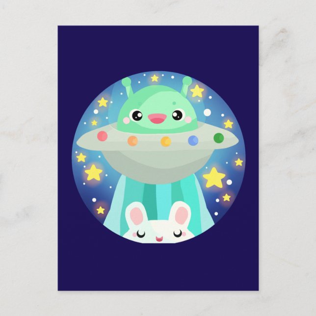 Cute Space Creatand Bunny Rabbit Vykort (Framsida)