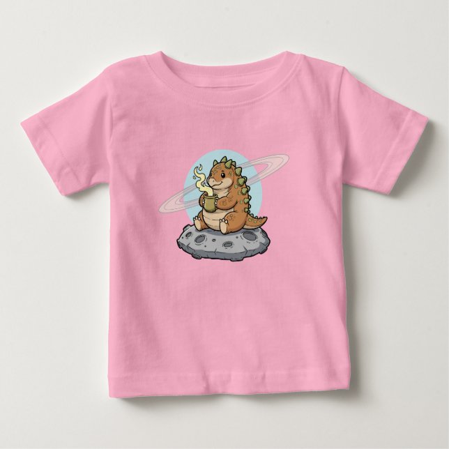 Cute Space Dinosaur Coffee Illustration T Shirt (Framsida)