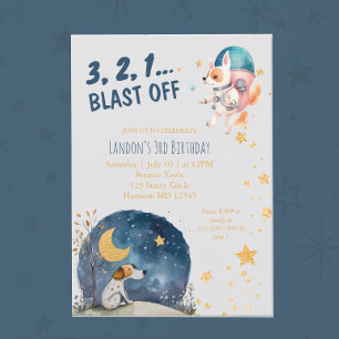 Cute Space Hundar Boys Tredje födelsedag Inbjudningar