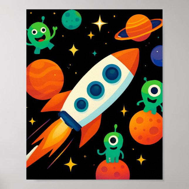 Cute Space Rocket & Aliens Art Poster (Framsidan)