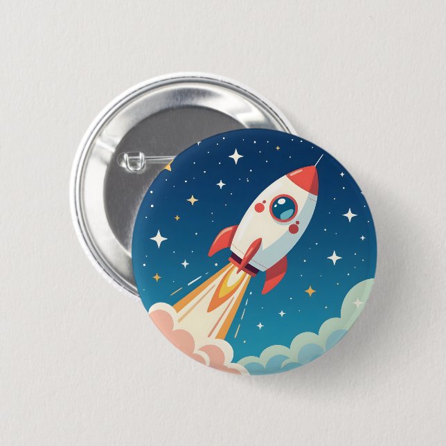 Cute space rocket blasting off knapp (Framsida & baksida)