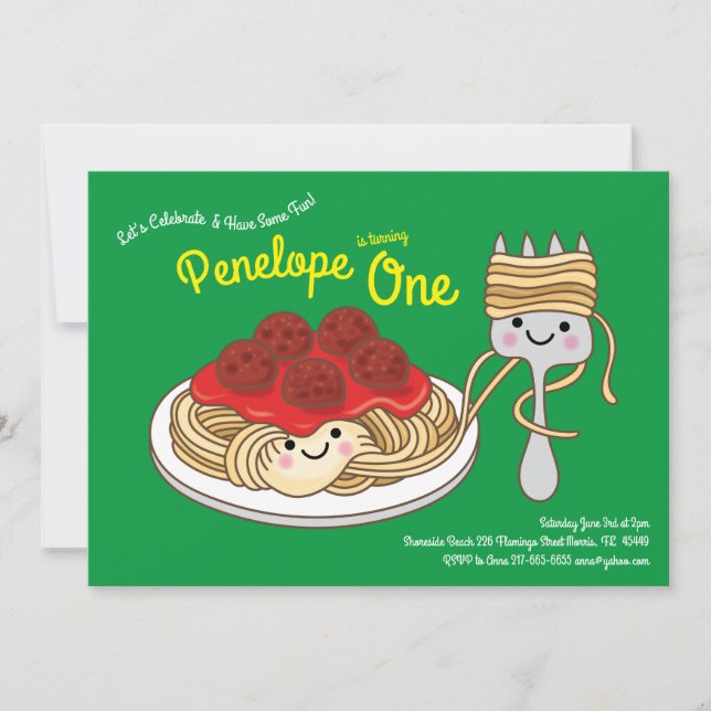 Cute Spaghetti Kids 1st Birthday Party Kawaii Inbjudningar (Framsida)