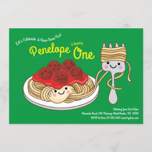Cute Spaghetti Kids 1st Birthday Party Kawaii Inbjudningar