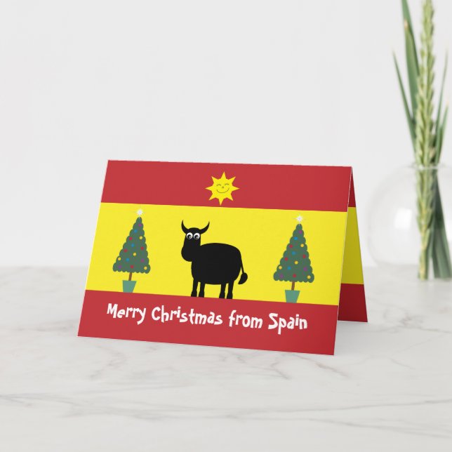 Cute Spain Bull, Flagga & Julgranar Card Helgkort (Framsida)