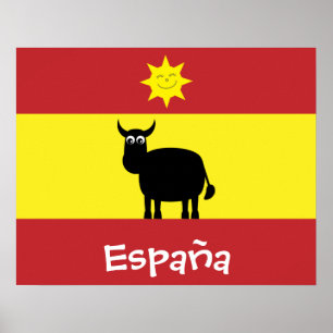 Cute Spain Bull, Flagga & Smiling Sol Poster