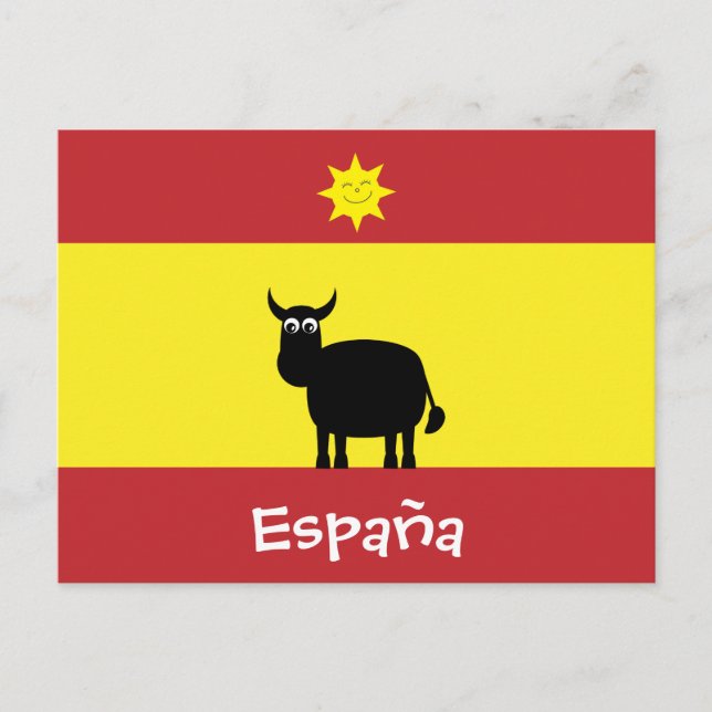 Cute Spain Bull, Flagga & Smiling Sol vykort (Framsida)