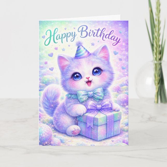Cute Sparkle Kitten Happy Birthday Card - Magical  Kort (Framsida)