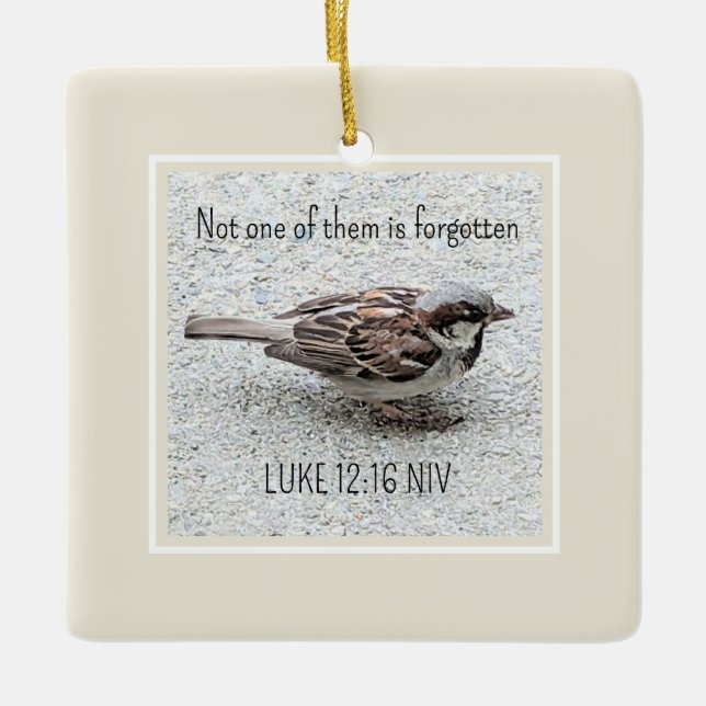 Cute Sparrow Bird Photo Bible Verse Simple Tan Julgransprydnad Keramik (Framsida)