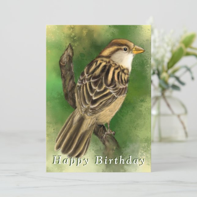 Cute Sparrow Birthday Gard (Stående Fram)