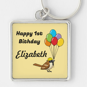 Cute Sparrow med Balloons Birthday Anpassa Fyrkantig Silverfärgad Nyckelring
