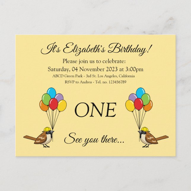 Cute Sparrow med Balloons Birthday | Anpassa Inbjudan Vykort (Framsida)