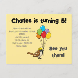 Cute Sparrow med Balloons Birthday | Anpassa Inbjudan Vykort