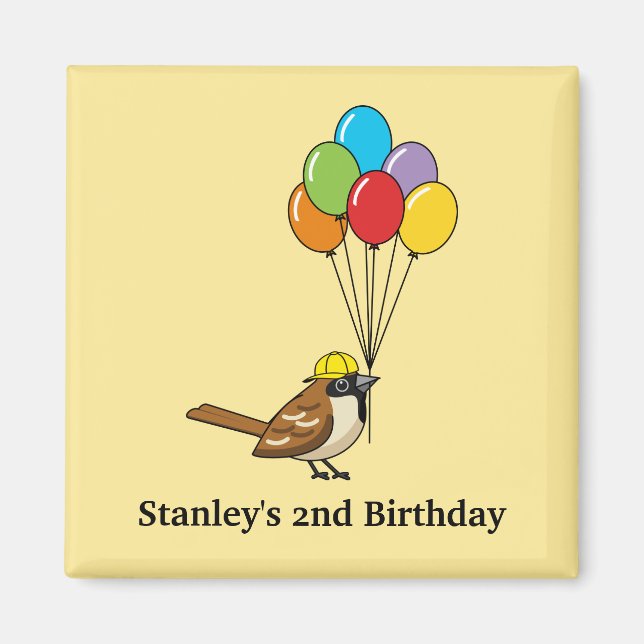 Cute Sparrow med Balloons Birthday | Anpassa Magnet (Framsidan)
