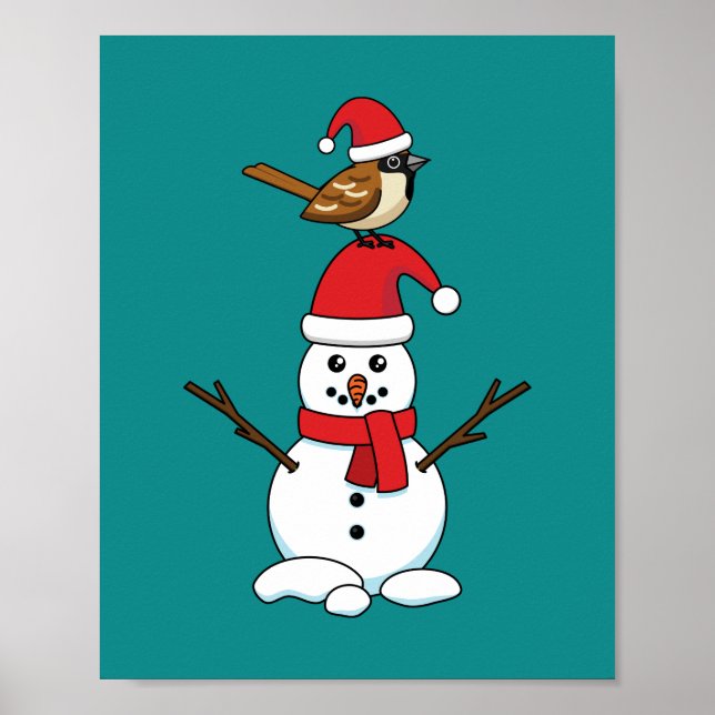 Cute Sparrow på Snögubbe Poster (Framsidan)