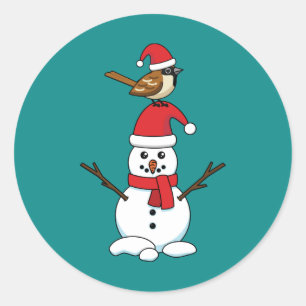 Cute Sparrow på Snögubbe Runt Klistermärke