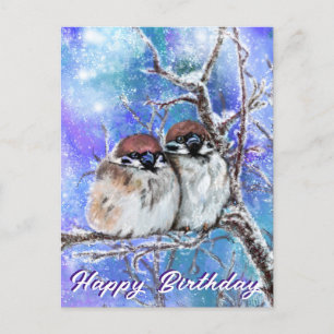 Cute Sparrows in Winter Birthday Card Vykort