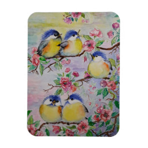 Cute Sparrows Magnet - Vår - Målning