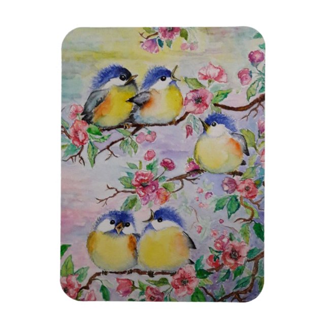 Cute Sparrows Magnet - Vår - Målning (Vertikal)