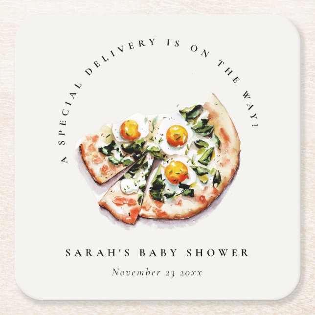 Cute Speciell Delivery Pizza Baby Shower Party Underlägg Papper Kvadrat (Framsidan)