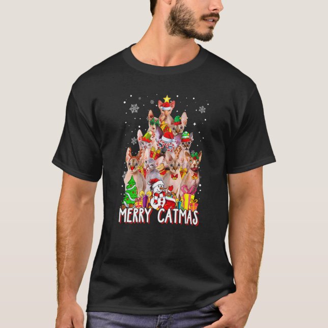 Cute Sphynx Cat Merry Catmas Julgran Julafton L T Shirt (Framsida)