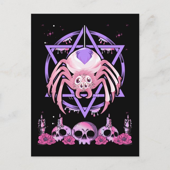 Cute Spider Satan Måne Pastel Goth Kawaii Vykort (Framsida)