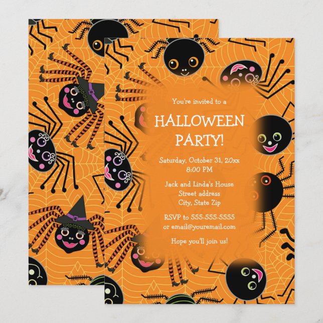 Cute Spiders Halloween fest Inbjudningar (Fram/baksida)