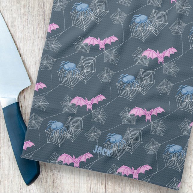 Cute spinder och fladdermus på spindelnät, anpassa kökshandduk (Cute spider and bat on spider web, customisable kitchen towel)