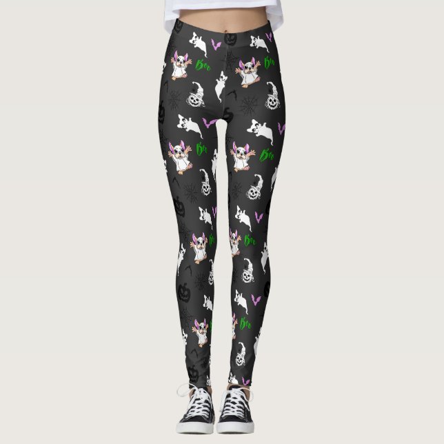 Cute spöke Fransk Bulldog fladdermus pumkin Hallow Leggings (Framsida)