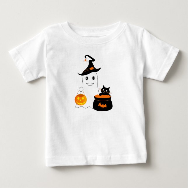 Cute spöke med svart katt fira halloween t shirt (Framsida)