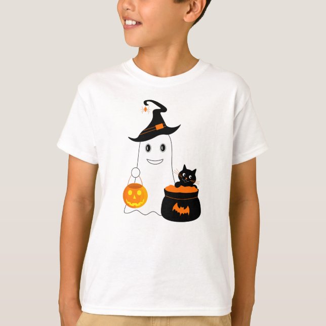 Cute spöke med svart katt fira halloween t shirt (Framsida)