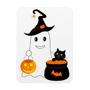 Cute spöke med svart katt firar halloween magnet