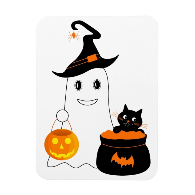 Cute spöke med svart katt firar halloween magnet (Vertikal)