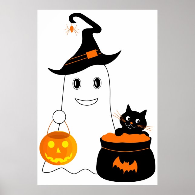 Cute spöke med svart katt firar halloween poster (Framsidan)