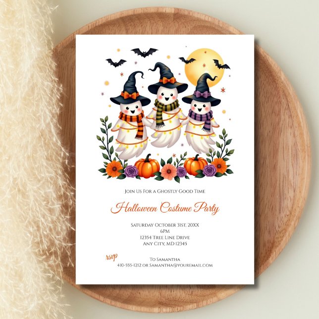 Cute Spöken Flowers Pumpkins Fladdermus Halloween  Inbjudningar (Cute Ghosts Halloween Party Invitation for kids and adults. All fields are editable)