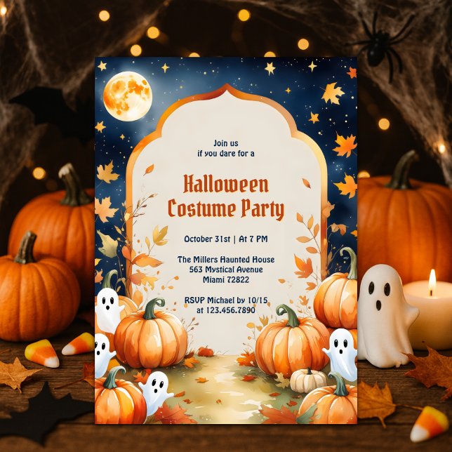 Cute Spöken Kids Halloween Costume Party Inbjudningar (Cute Ghosts & Pumpkins Kids Halloween Costume Party Invitation Full Moon Spooky Cute Fall Design)