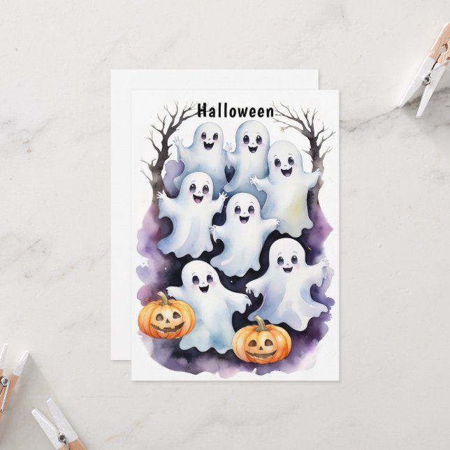 Cute Spöken med Pumpkins Halloween Illustration Inbjudningar (Fram/Back In Situ)