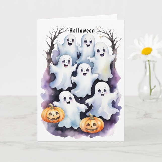 Cute Spöken med Pumpkins Halloween Illustration Kort (Liten växt)