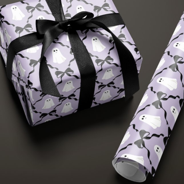 Cute Spöken och Black Bows på Lilac Halloween Presentpapper (Lilac black bow and cute ghost halloween wrapping paper roll)