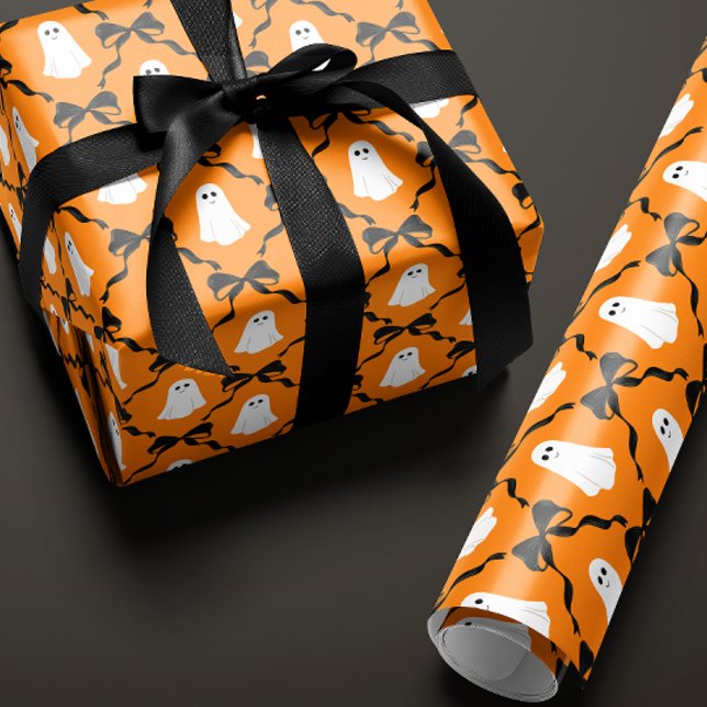 Cute Spöken och Black Bows på Orange Halloween Presentpapper (orange Halloween gift wrapping paper with a cute smiling ghost and black bow diamonds)