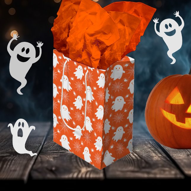 Cute Spöken | Spindlar | Spindelnät Halloween (Cute Ghosts | Spiders | Spider Webs Halloween Orange and White Gift Bag)