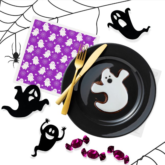 Cute Spöken | Spindlar | Spindelnät Halloween Pappersservett (Cute Ghosts, Spiders and Spider Webs Halloween Purple and White Patterned Napkins)