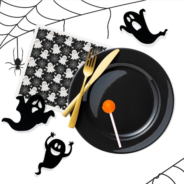 Cute Spöken | Spindlar | Spindelnät Halloween Pappersservett (Cute Ghosts, Spiders and Spider Webs Halloween Black and White Patterned Paper Plates)