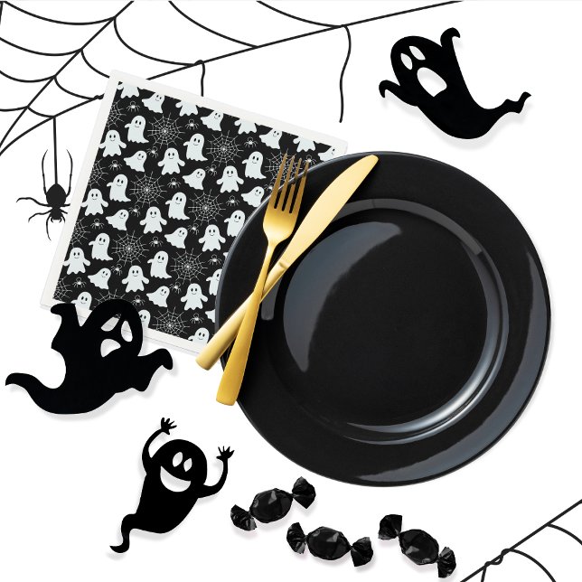 Cute Spöken | Spindlar | Spindelnät Halloween Pappersservett (Cute Ghosts, Spiders and Spider Webs Halloween Black and White Patterned Paper Napkins)