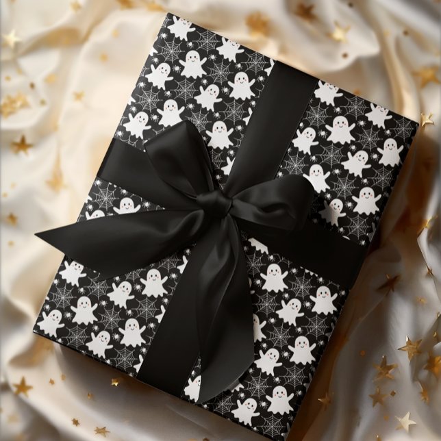 Cute Spöken | Spindlar | Spindelnät Halloween Presentpapper (Cute Ghosts, Spiders and Spider Webs Halloween Black and White Patterned Wrapping Paper)