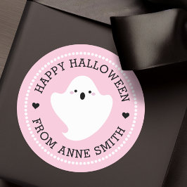 Cute spökHappy halloween från rosa med eget namn Runt Klistermärke