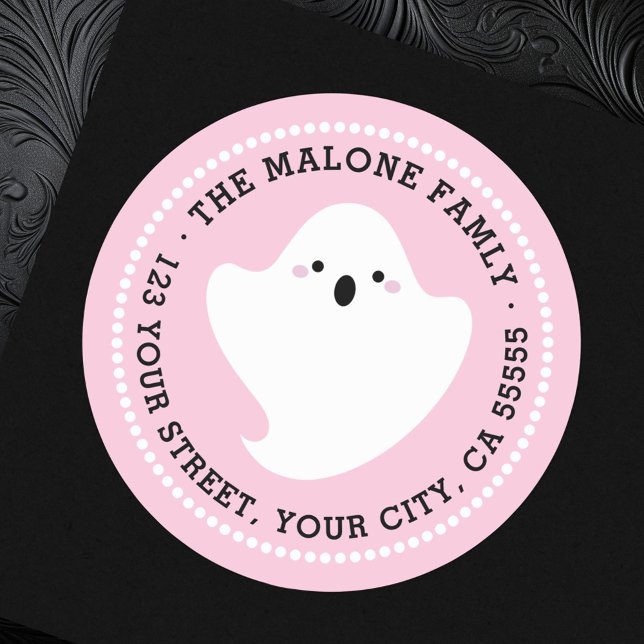 Cute spökrosa Halloween-returadress Runt Klistermärke (Cute ghost pink Halloween return address Classic Round Sticker)