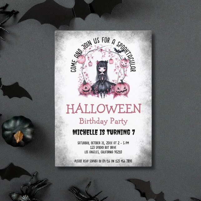 Cute Spooktacular Halloween Gothic Girl Birthday Inbjudningar (pink and black gothic doll girl)