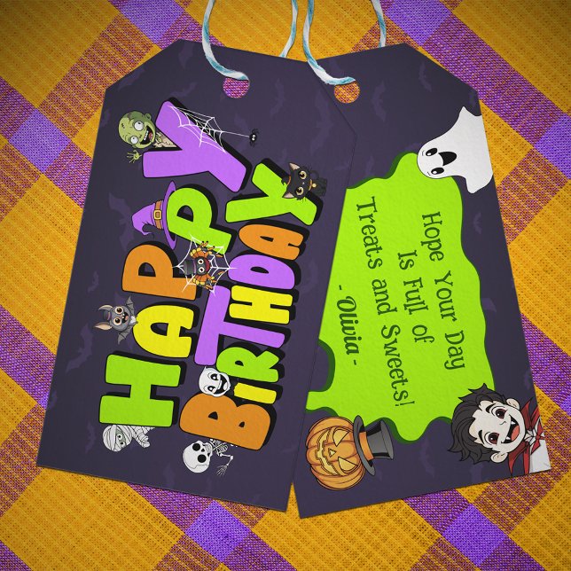 Cute Spooktacular Halloween Monster Happy Birthday Presentetikett (Skapare uppladdad)