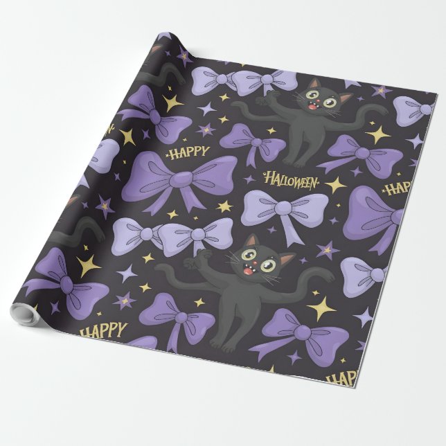 Cute Spooky Black Cat & Bow Seamless Halloween Presentpapper (Utrullad)