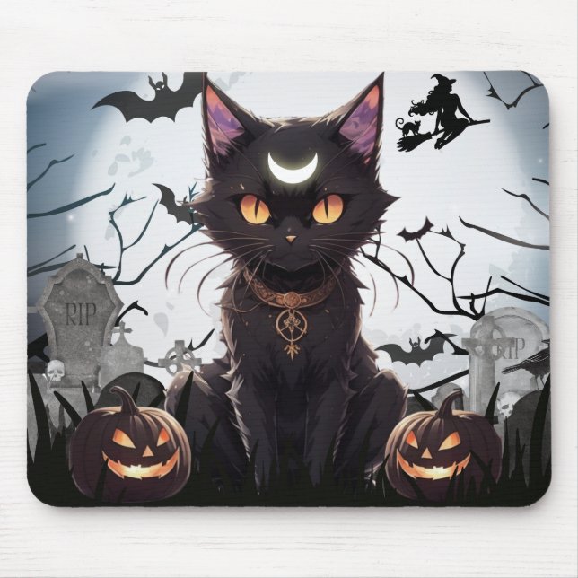 Cute Spooky Black Cat med måne. Musmatta (Framsidan)